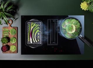 Hota cu aspiratie din blat, FALMEC Quantum Pro, Plita integrata,  L=84cm, Functia Double Bridge, 4 zone de gatit Flex Surface, 600m³/h, Touch Slider, Garantie 5 ani, Fabricatie Italia