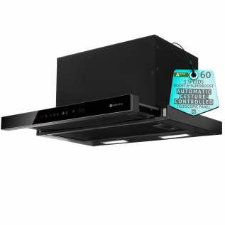 Hota incorporabila telescopica Kompatic by Turbionaire Novia 60 KNA60TB, Motor Brushless 800 mc/h, Panou Telescopic Automat cu Control prin Gesturi, Clasa A+++, Touch, 3 viteze + Boost & Super Boost, Iluminare LED, Timer, Negru