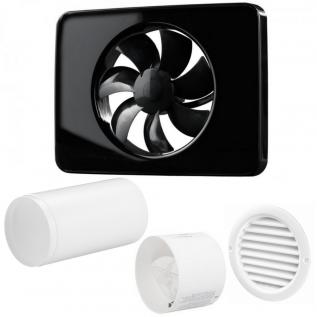 Pachet Promo: Ventilator FRESH Intellivent 2.0 negru + Clapeta antiretur D=100mm + Conector D=100mm + Grila circulara de exterior incastrata D=100mm, Fabricatie Suedia