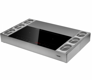 Statie de gatit cu plita cu inductie Kompatic by Turbionaire KFE35CSPT2, 3500W, Profesionala, Inox, 2 zone de gatit, Recipiente gastronomice incluse, Control Touch, Sticla Ceramica neagra